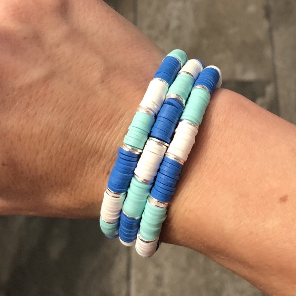 NWOT, 3 Blue/teal/white/silver disc bead bracelets